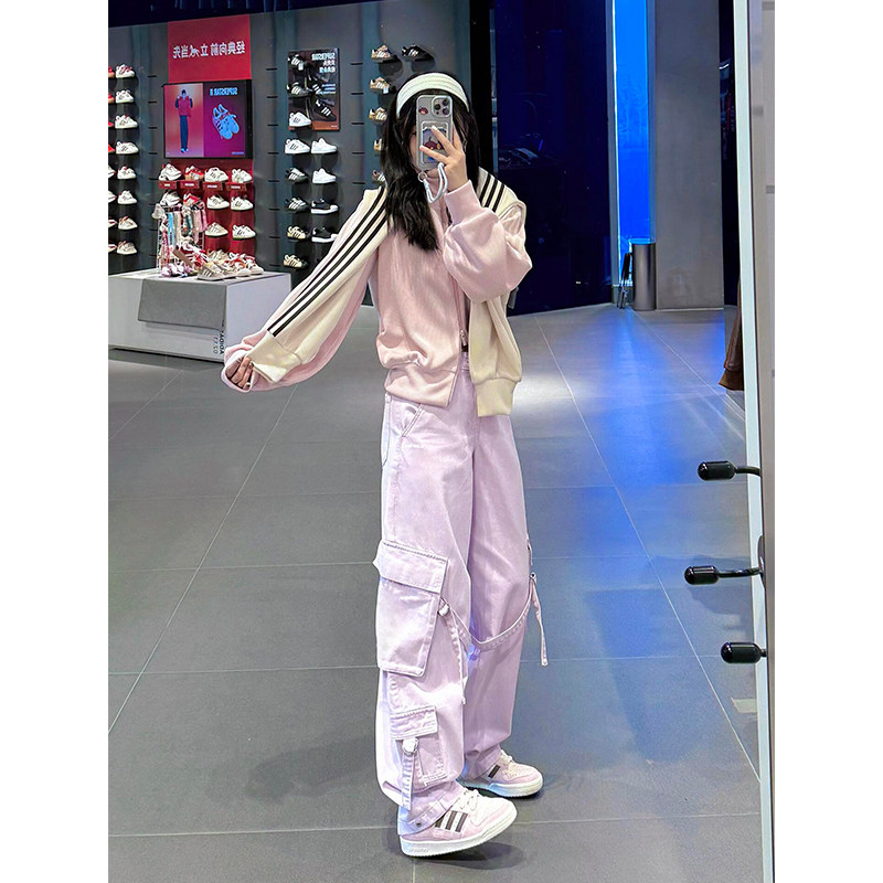 临典粉色牛仔工装裤女2026新款美式小个子酷飒宽松阔腿直筒休闲裤