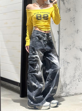 LDAB黑色扎染工装裤女2025春夏季新款宽松阔腿小众设计感牛仔裤