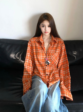 临典橙色格纹衬衫女初秋新款小个子设计感甜美港风多巴胺长袖衬衣