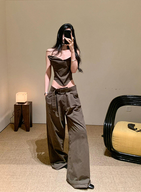 LDAB卡其棕西装裤女2025春夏季新款超好看小众设计感显瘦阔腿裤