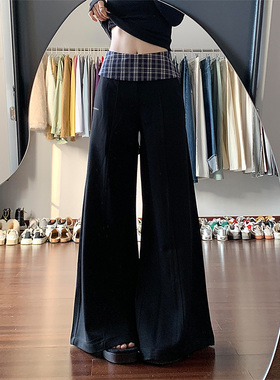 LDAB藏蓝格纹拼接牛仔裤女2025春夏新款美式设计感小众高腰阔腿裤