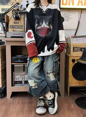 LDAB蓝色工装七分牛仔裤女2025春夏季新款补丁印花设计感阔腿裤