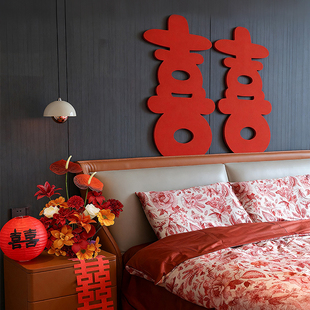 婚房布置男方新房女方卧室床头背景墙装饰立体大喜字kt板结婚摆件