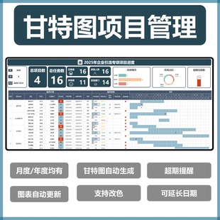 Excel甘特图2.0模板 项目管理看板 自动更新进度表 超期提醒