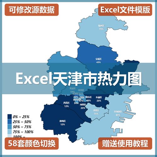 Excel天津市热力图模板可编辑可自定义颜色一键切换