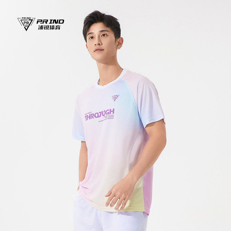 浦锐渐变Tee运动速干短袖羽毛球服T恤男女圆领透气比赛训练服套装