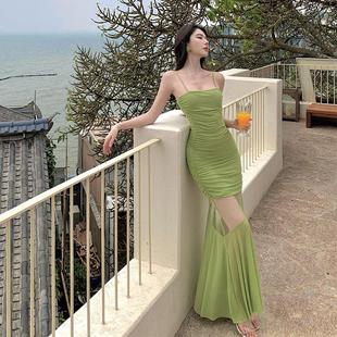 泰式 多巴胺绿色拼接纯欲辣妹吊带连衣裙性感褶皱包臀鱼尾长裙 夏季