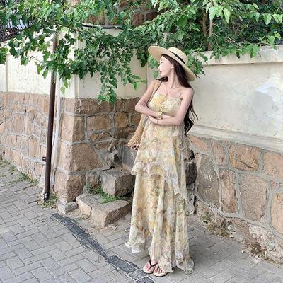 法式复古黄色晕染印花荷叶边吊带裙碎花连衣裙仙女海边度假长裙子
