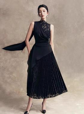 现货高级感飘带蕾丝拼接压褶连衣裙新款设计感小众长裙40295