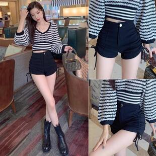 高腰显瘦包臀性感辣妹弹力紧身热裤 夏季 子女2025新款 黑色抽绳短裤