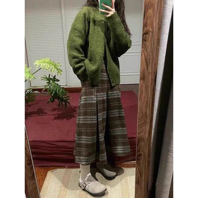 复古绿色圈圈纱毛衣开衫女秋冬季宽松圆领针织搭配毛呢半身裙套装