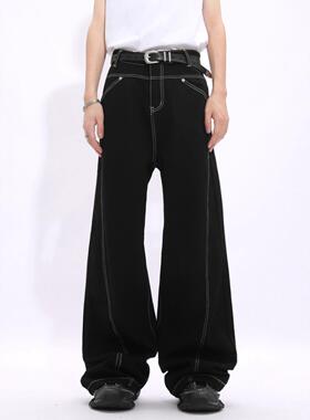 l黑色弯刀牛仔裤男款辑明线设计感裤子美式高街直筒微喇裤