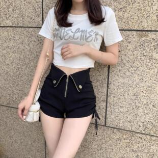 子潮 辣妹设计感小众小个子字超短热裤 超高腰抽绳黑色短裤 女夏季