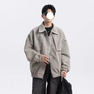 潮流休闲百搭宽松皮衣工装 春秋季 美式 复古翻领外套男士 夹克 新款