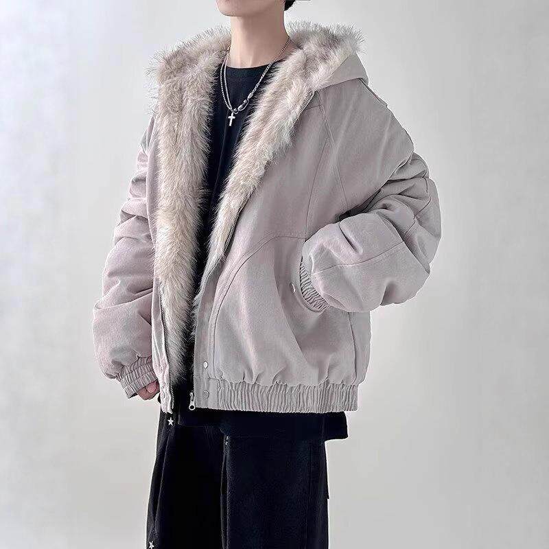 日系文艺时尚慵懒棉衣男秋冬原宿简约新款座山雕毛领短款保暖棉服