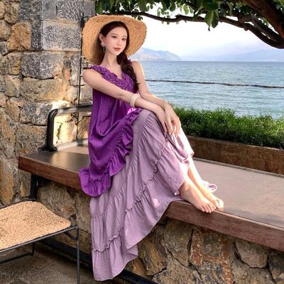 新疆云南旅游多巴胺海岛明媚的穿搭紫色裙子套装连衣裙海岛度假裙