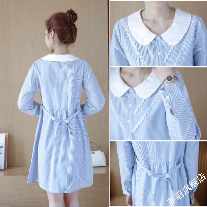 孕妇连衣裙春秋款潮妈外出时尚洋气孕妇装条纹衬衫上衣宽松孕妇裙