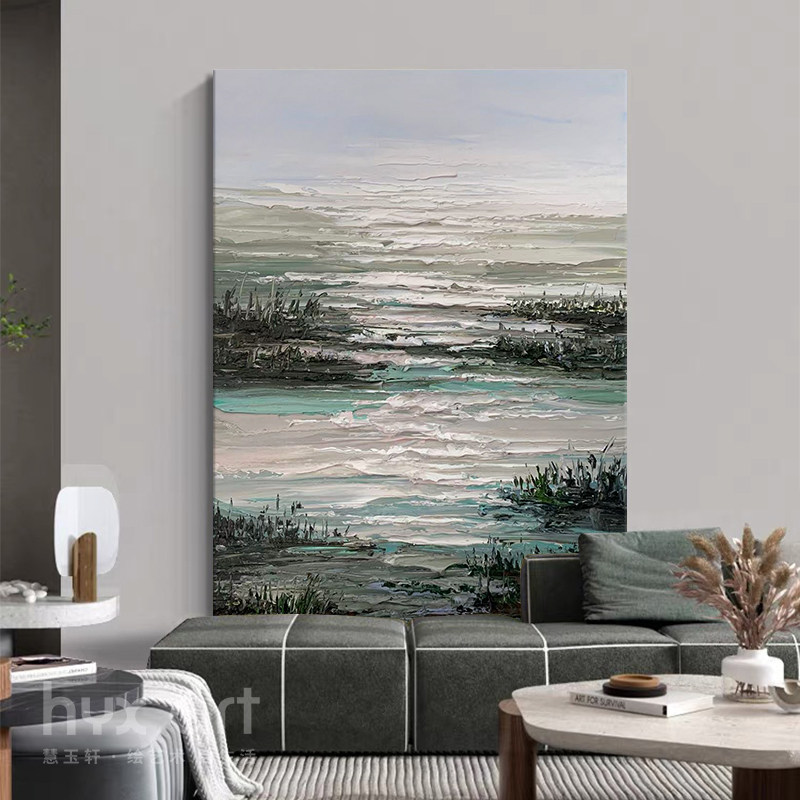 HYX.手绘油画《镜湖幽绿》客厅绿色装饰画轻奢肌理抽象画玄关挂画