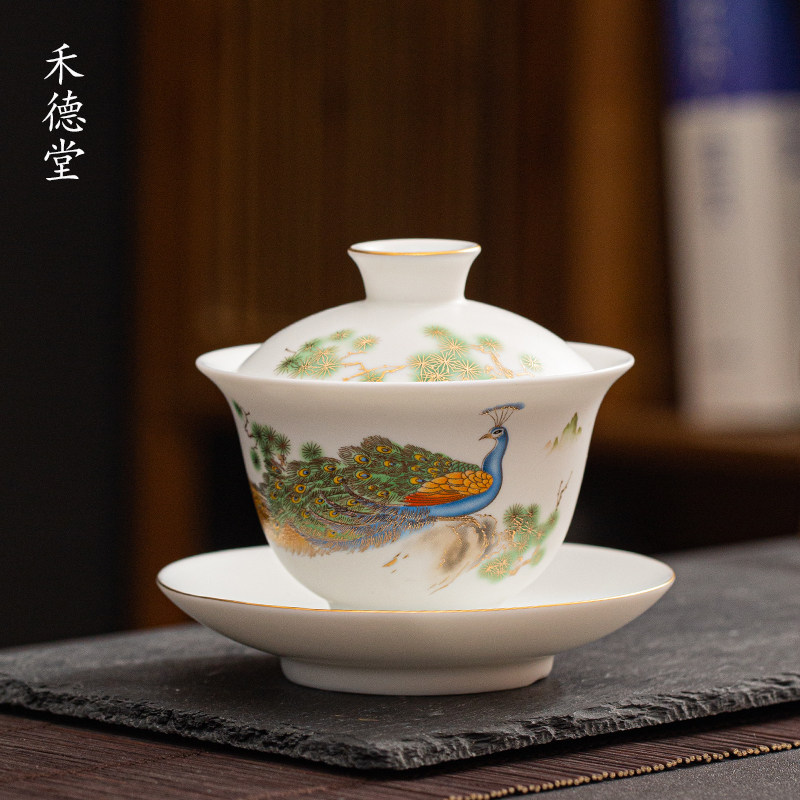 禾德堂 德化白瓷三才盖碗功夫茶具家用羊脂玉泡茶器防烫茶杯茶碗