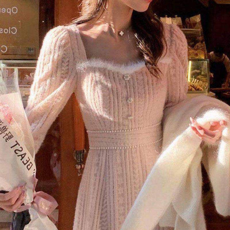 配大衣打底蕾丝拼接方领加绒气质内搭仙女连衣裙长袖裙子秋冬新款