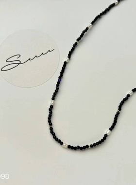0321韩国东大门代购suu黑色珠项链 小众拼接天然珠珍珠锁骨链叠戴