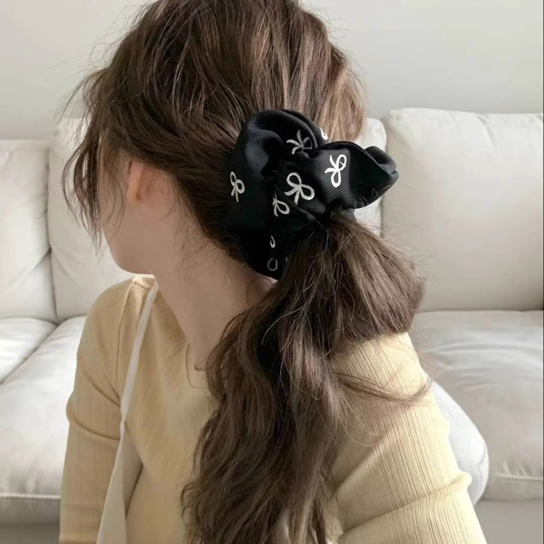 earlobe韩国东大门发饰 刺绣蝴蝶结大肠发圈丸子头布艺头绳低马尾