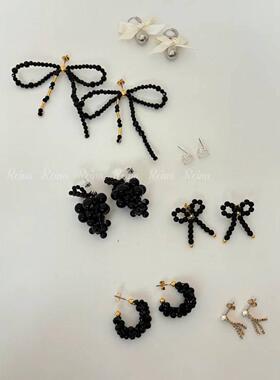 0723韩国东大门代购reina黑色耳饰合集 蝴蝶结串珠葡萄耳钉耳环
