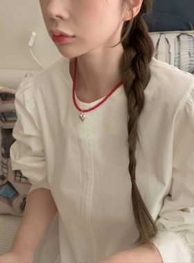 0918韩国东大门代购earlobe红色串珠项链锁骨链爱心吊坠气质时尚