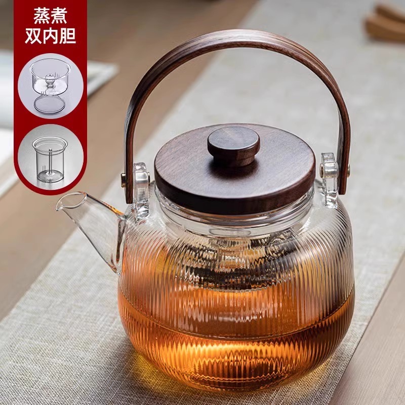 木盖提梁壶玻璃蒸煮一体茶壶耐高温烧水围炉煮茶器黑晶炉茶具套组
