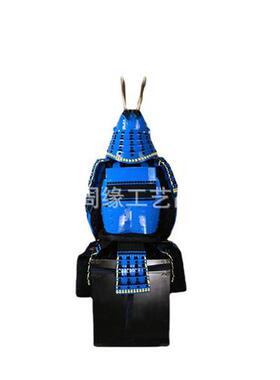 定制日本铠甲武士头盔甲胄当世具足蓝色牛角盔甲可穿戴模型厂家
