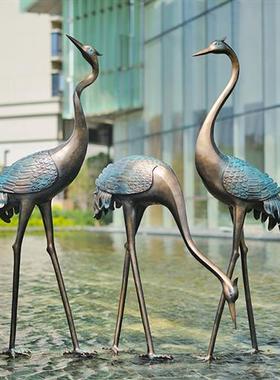中式彷铜仙鹤雕塑摆件水池现代庭院园林景观装饰品大型玻璃钢模型