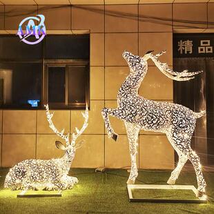 户外镂空动物造型梅花鹿兔子发光装 饰大型不锈钢艺术景观雕塑园林