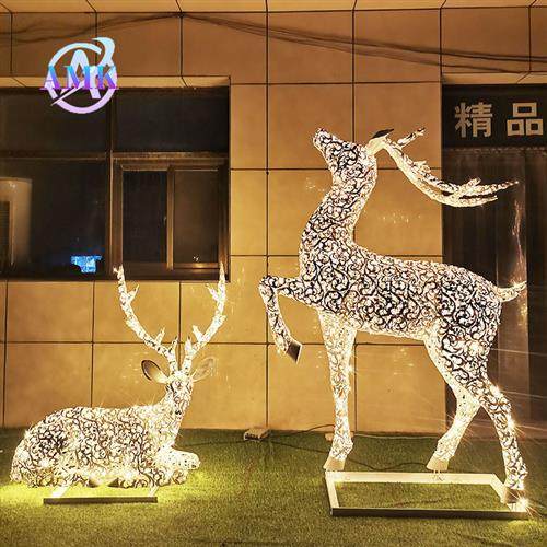户外镂空动物造型梅花鹿兔子发光装饰大型不锈钢艺术景观雕塑园林