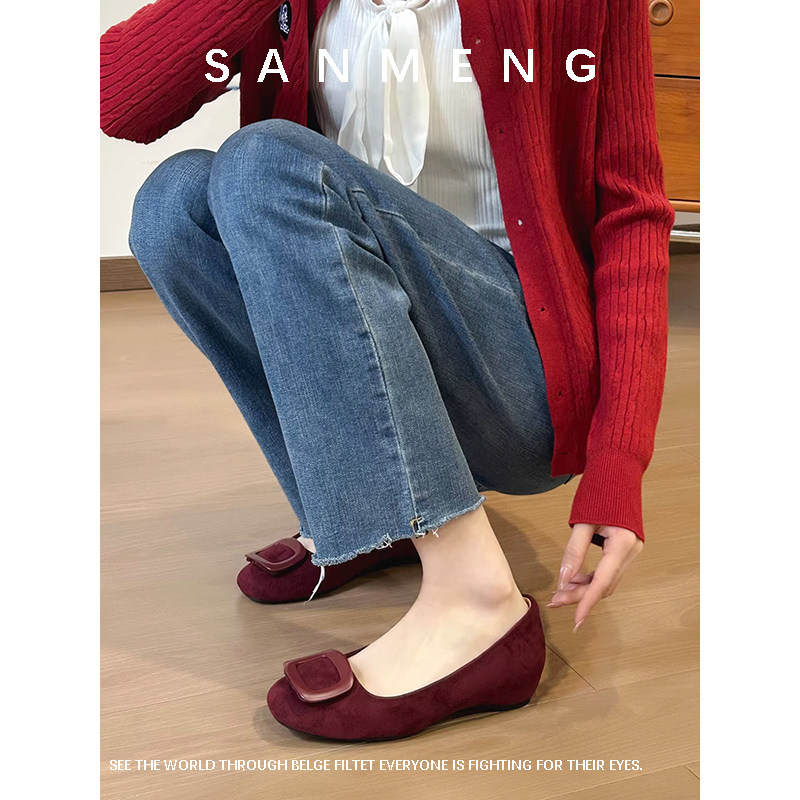 羊皮版~法式高级感方扣浅口单鞋女内增高绒面女鞋不累脚平底瓢鞋,女鞋,浅口单鞋,淘宝优惠券,粉丝福利购,淘宝优惠卷