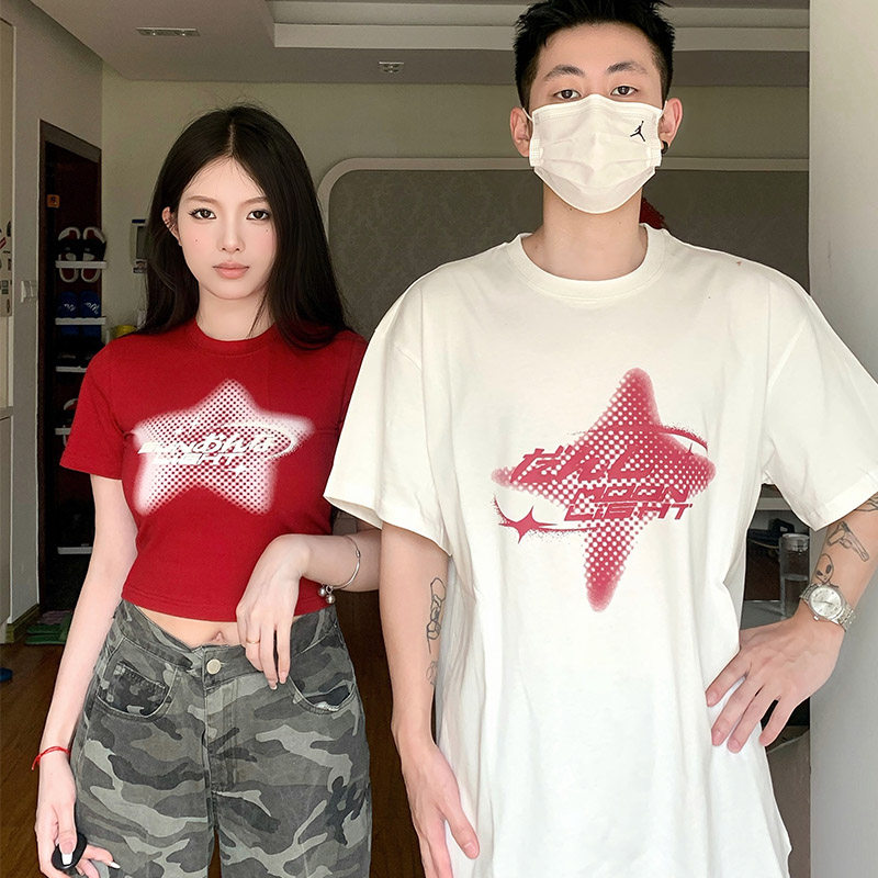 情侣装夏装2023新款不一样宽松短袖t恤休闲运动半袖一长一短ins潮