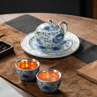 郑文强手绘青花瓷缠枝莲鎏银西施壶陶瓷高档功夫茶具轻奢泡茶壶