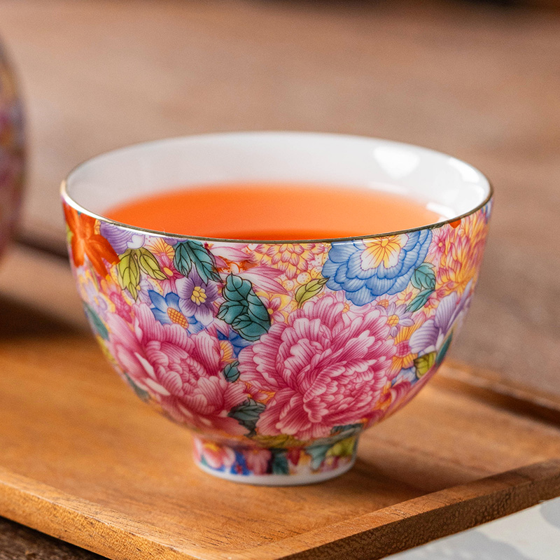 粉色万花珐琅彩专用主人杯高档110毫升杯大号喜庆茶杯婚礼敬茶杯
