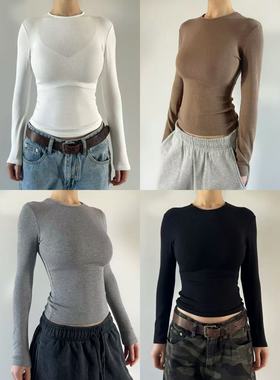 圆圈CIRCLE辣妹修身小圆领经典四色长款螺纹上衣正肩T恤欧美长袖