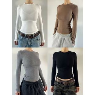 螺纹上衣正肩T恤欧美长袖 四色长款 小圆领经典 圆圈CIRCLE辣妹修身