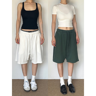 女 宽松松紧腰运动休闲直筒短裤 圆圈CIRCLE复古洗水五分短卫裤 夏季
