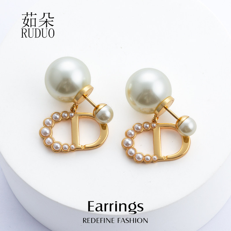 新款爆款前后珍珠CD金色珍珠不对称耳环复古做旧轻奢高级流苏耳饰
