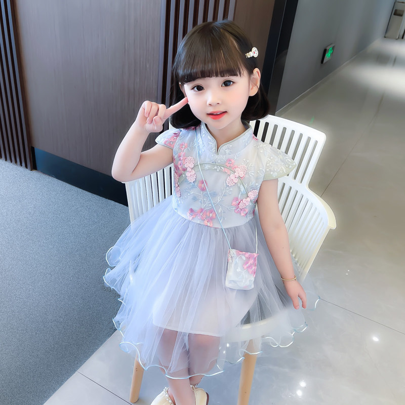 어린 소녀 치파오 거즈 스커트 서양식 여름 드레스 반팔 HANFU 드레스 복고풍 소녀 중국 스타일 공주 드레스