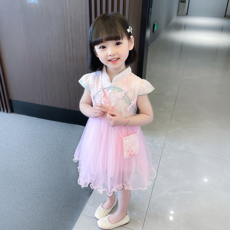 어린 소녀 치파오 거즈 스커트 서양식 여름 드레스 반팔 HANFU 드레스 복고풍 소녀 중국 스타일 공주 드레스