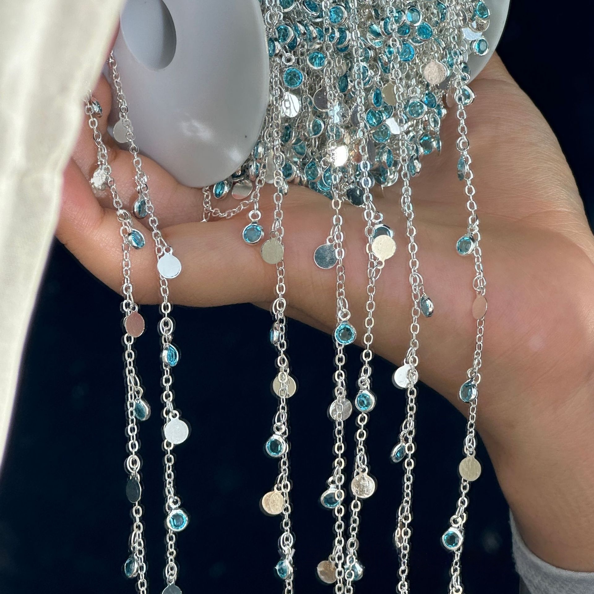 diy链条 保色铜链湖蓝钻圆片圆环链子古风服饰手链手作链子配件