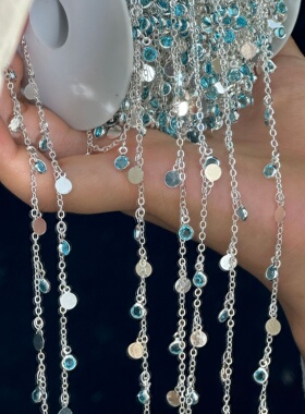 diy链条 保色铜链湖蓝钻圆片圆环链子古风服饰手链手作链子配件