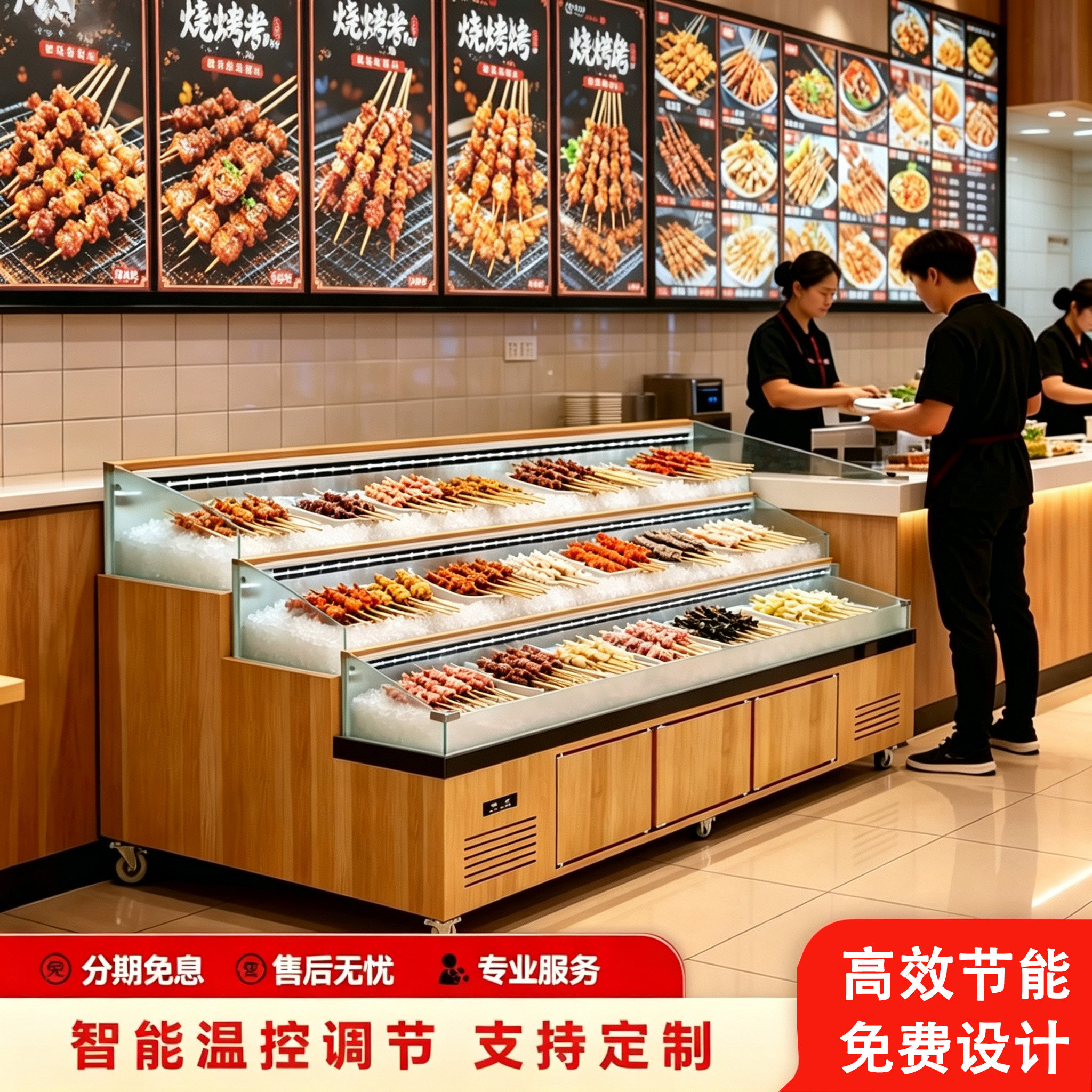 自助餐阶梯点菜冰台展示柜明档海鲜烧烤串双温喷雾冷藏保鲜柜商用