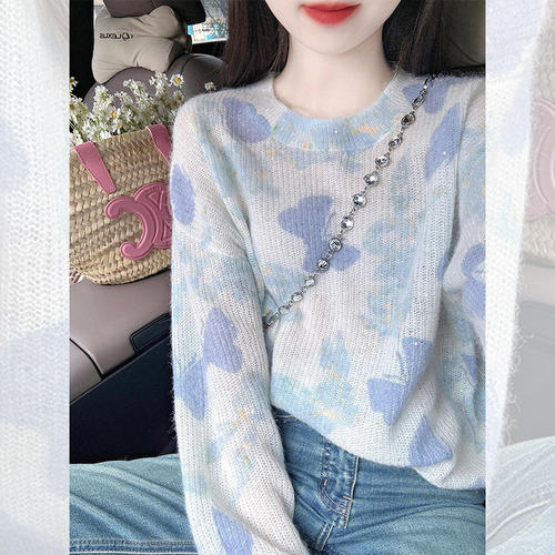 欧美BeaEdition舒适仙女风⭐法式蓝色扎染慵懒宽松短款针织衫毛衣