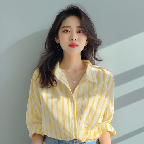 法式Bea Edition舒适高颜⭐黄白竖条纹衬衫女春秋海边防晒衫衬衣