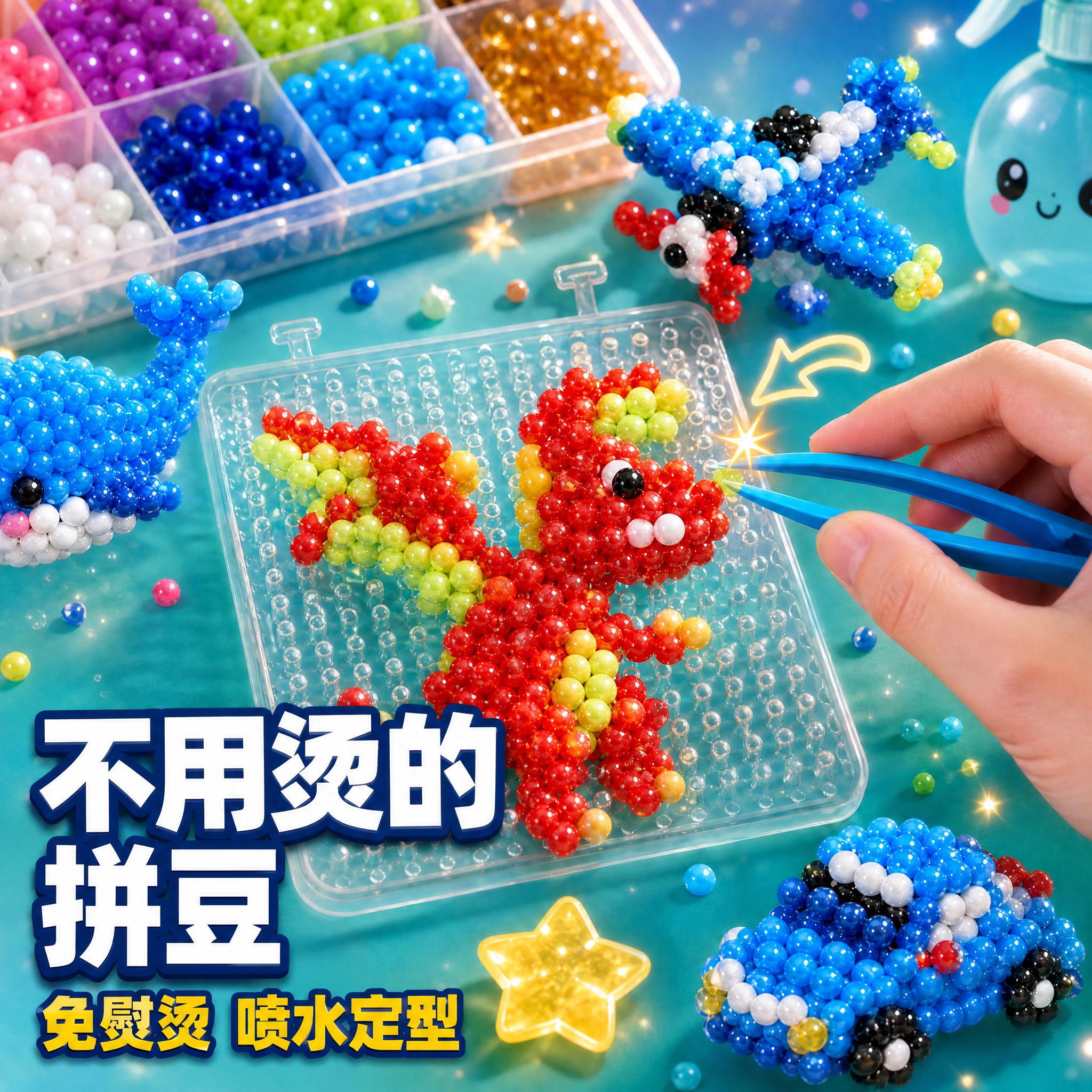 不用烫的拼豆玩具拼豆豆手工diy男孩子儿童水雾魔珠魔法珠男生款
