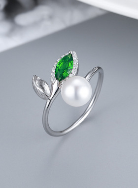 日系coss kokos925银时尚淡水珍珠指环女镶钻叶子戒指diy配件